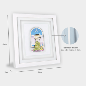 Quadro Infantil Serie Crianças “Menino Rezando” 45x40cm, c/ Vidro  de Vidro 3mm, Moldura em Madeira na cor Branca
