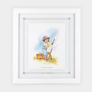 Quadro Infantil Serie Crianças “Menina Desenhando” 45x40cm, c/ Vidro de Vidro 3mm, Moldura em Madeira na cor Branca