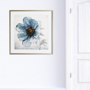 Quadro Floral Papoula Azul “B” para sala, quarto, hotéis, escritório, 50x50cm C/ Vidro 3mm e moldura reta na cor Amadeirada de alta qualidade