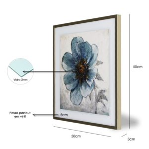 Quadro Floral Papoula Azul “B” para sala, quarto, hotéis, escritório, 50x50cm C/ Vidro 3mm e moldura reta na cor Amadeirada de alta qualidade