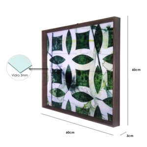 Quadro Abstrato Green Patterns “A” para Sala Quarto Hotéis Escritório, 60x60cm C/ Vidro 3mm e Moldura Chanfrada na cor Castanho.