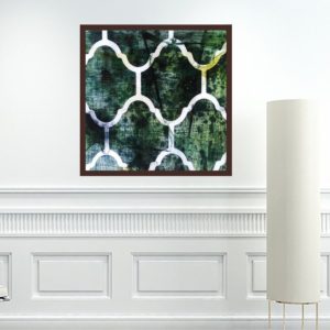 Quadro Abstrato Green Patterns “B” para Sala Quarto Hotéis Escritório, 60x60cm C/ Vidro 3mm e Moldura Chanfrada na cor Castanho.