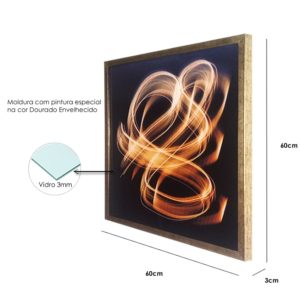 Par de Quadros Abstrato Super Luxo Fireway “A e B” para Sala Quarto Hotéis Escritório, 60x60cm C/ Vidro 3mm e Moldura Especial na Cor Dourado Envelhecido