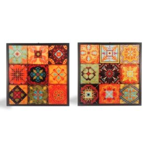 Par de Quadros Abstrato Mandalas em Tons de Laranja “A e B” para Sala Quarto Hotéis Escritório, 60x60cm C/ Vidro 3mm e Moldura na cor Castanho.