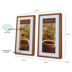 Par de Quadros Coffee e Java para Cozinha, Lanchonetes e padarias, 33x63cm C/ Vidro 3mm e Moldura em Madeira