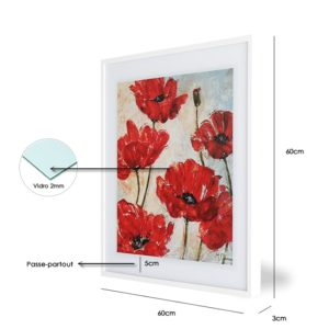 Quadro Red Poppy “A & B” para Sala Quarto Hotéis Escritório, 60x60cm C/ Vidro 3mm e Moldura Reta na cor Branca
