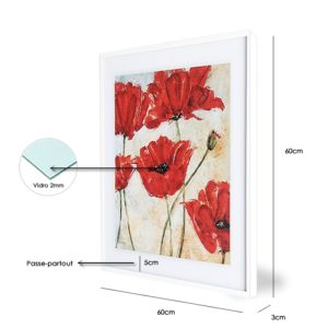 Quadro Red Poppy “B” para Sala Quarto Hotéis Escritório, 60x60cm C/ Vidro 3mm e Moldura Reta na cor Branca