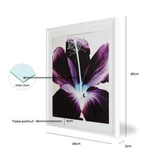 Quadro Flor de Hibisco Roxa “A” para Sala Quarto Hotéis Escritório, 60x60cm C/ Vidro 3mm e Moldura Reta na cor Branca