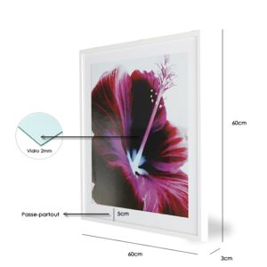 Quadro Flor de Hibisco Roxa “B” para Sala Quarto Hotéis Escritório, 60x60cm C/ Vidro 3mm e Moldura Reta na cor Branca