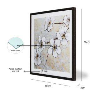 Quadro Orquídea Branca “B” para Sala Quarto Hotéis Escritório, 50x50cm C/ Vidro 3mm e Moldura na cor Preta