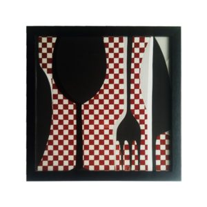 Par de Quadros Talheres Abstratos para Cozinha, Lanchonetes, Restaurantes, 33x33cm COM VIDRO 3mm e Moldura em Madeira na cor Preto