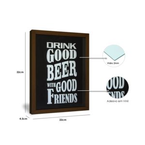 Quadro Porta Tampinhas de Cerveja “Good Beer” p/ Cozinhas Bares Área de Churrasco, 32x22cm C/ vidro 3mm e Moldura em Madeira na Cor Castanho.