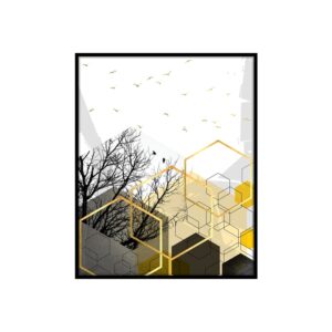 Kit de 3 Quadros Decorativos Escandinavos Geométricos Amarelo e Preto para Sala Quarto Hotéis Escritório, Vidro 3mm e Moldura na Cor Preta