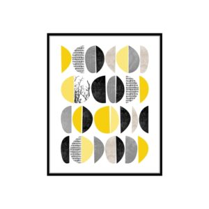 Kit de 4 Quadros Decorativos Escandinavos Circulares Amarelo e Preto para Sala Quarto Hotéis Escritório, 60x50cm, Vidro 3mm e Moldura na Cor Preta