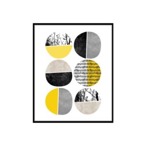 Kit de 4 Quadros Decorativos Escandinavos Circulares Amarelo e Preto para Sala Quarto Hotéis Escritório, 60x50cm, Vidro 3mm e Moldura na Cor Preta