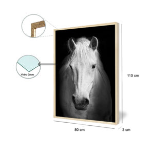 Quadro Cavalo Branco para Sala, Quarto, Hotéis, Escritório, 110x80cm C/ Vidro 3mm e Moldura na Cor Amadeirada.
