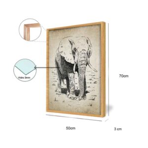 Quadro Elefante Ilustrado para Sala, Quarto, Hotéis, Escritório, 50x70cm COM VIDRO 3mm e Moldura na Cor Mel.
