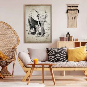 Quadro Elefante Ilustrado para Sala, Quarto, Hotéis, Escritório, 50x70cm COM VIDRO 3mm e Moldura na Cor Mel.