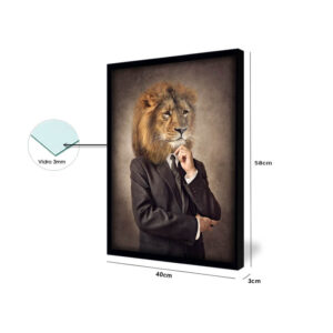 Quadro Decorativo “Leão antropomorfo” para Sala, Quarto, Escritório, 40x58cm C/ Vidro 3mm e Moldura na cor Branca