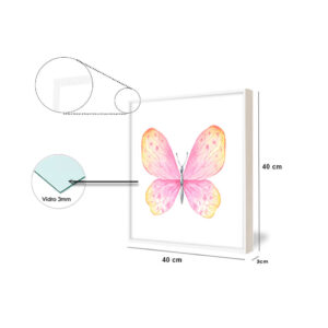 Par de quadros decorativos para quarto Infantil, “Par de borboletas” Quarto, 40x40cm com Vidro 3mm e Moldura na cor Branca