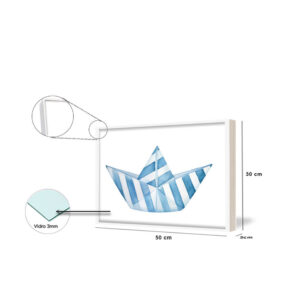 Par de quadros decorativos para quarto Infantil, “Par de Barcos” quarto, 50x30cm com Vidro 3mm e Moldura na cor Branca