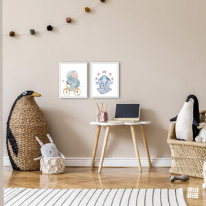 Quadro decorativo para quarto Infantil, “Par de elefantes” Quarto, 30x40cm com Vidro 3mm e Moldura na cor Branca