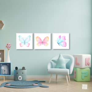 Trio de quadros decorativos para quarto Infantil, “Trio de borboletas” Quarto, 40x40cm com Vidro 3mm e Moldura na cor Branca