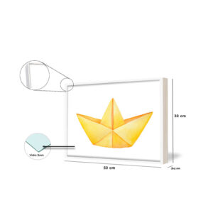 Quadro decorativo para quarto Infantil, “Barco de Papel Amarelo” Quarto, 50x30cm com Vidro 3mm e Moldura na cor Branca