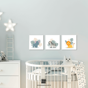 kit de 3 Placas decorativas para quarto Infantil, “Safari “.