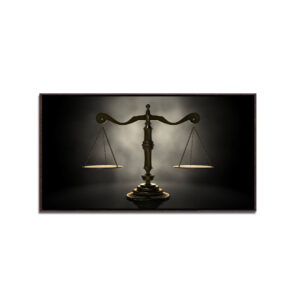 Quadro Decorativo para área da Advocacia , “Balança do equilíbrio da justiça”, Escritório, sala de espera  50×100 cm com Vidro 3mm e Moldura na cor castanho