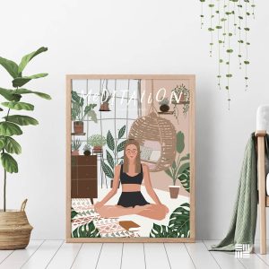 Quadro Decorativo “Yoga “, sala de espera com Vidro 3mm e Moldura na cor mel