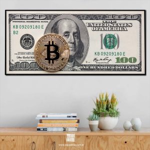 Quadro com nota de 100 dólares com moeda Bitcoin, quarto, escritório, sala C/ Vidro 3mm e Moldura na cor Preta