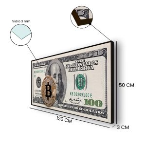 Quadro com nota de 100 dólares com moeda Bitcoin, quarto, escritório, sala C/ Vidro 3mm e Moldura na cor Preta
