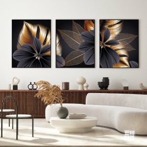 Kit quadros florais minimalistas para salas, hotéis e escritórios, home office, vidro 3mm e moldura na cor preta