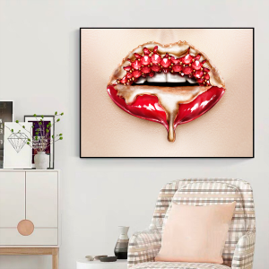 Quadro Decorativo Minimalista “Boca Com Brilho Vermelho” para sala, Quarto feminino,  com Vidro 3mm, e moldura na cor Preta