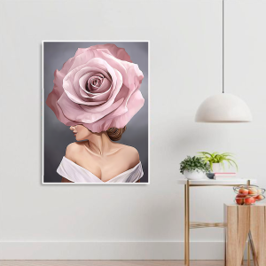 Quadro “Mulher com Flor Rosa sobre o rosto”, sala, Quarto feminino, Vidro 3mm e Moldura em Madeira na cor Branca