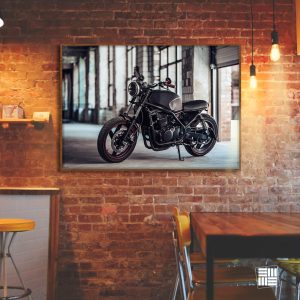 Quadro decorativo “Moto Esportiva”, para quarto, escritório, sala de espera com Vidro 3mm e moldura na cor marrom