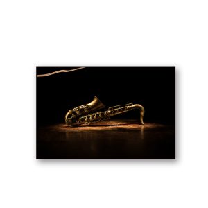 Quadro Decorativo “Saxofone”, sala, quarto, vidro 3mm e moldura em madeira na cor preta