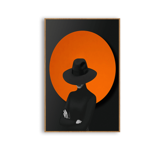 Quadro decorativo minimalista “Mulher de chapéu” preto para sala, quarto, escritório,  com VIDRO 3mm, e moldura na cor amadeirada