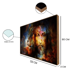 Quadro decorativo “Jesus Cristo e Leão”, para sala de jantar, igrejas, hall de entrada e outros. Quadro C/ Vidro 3mm e Moldura na cor amadeirada