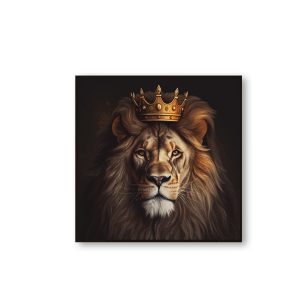 Quadro decorativo “Leão com coroa” para salas, quartos, hotéis e escritórios. com vidro 3mm e moldura na cor amadeirada.