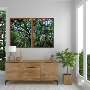 Par de quadros decorativos paisagem para sala, quarto, escritório, com vidro 3mm, e moldura na cor amadeirada