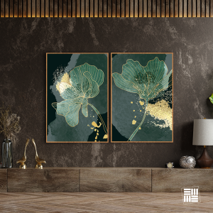 Par de quadros decorativos floral abstrato para sala, quarto, escritório, com vidro 3mm, e moldura na cor amadeirada