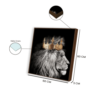 Quadro decorativo “Leão com Coroa” para salas, quartos, hotéis e escritórios. com vidro 3mm e moldura na cor amadeirada
