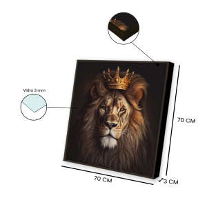 Quadro decorativo “Leão com coroa” para salas, quartos, hotéis e escritórios. com vidro 3mm e moldura na cor amadeirada.